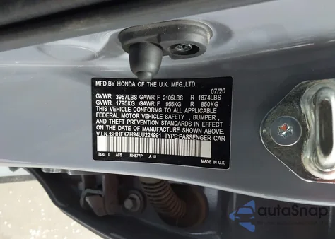 2020 Honda Civic Sport Touring из США, поврежденный, VIN SHHFK7H94LU224991